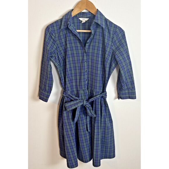 Lands End Canvas Plaid Shirt Dress‎ Sz 2 Blue Green Button Up Long Sleeve - Picture 1 of 10